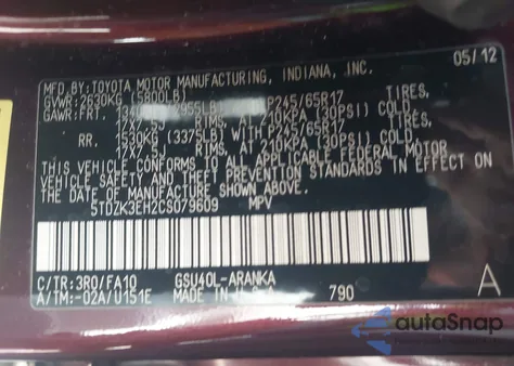 2012 Toyota Highlander Base V6 from USA, damaged, VIN 5TDZK3EH2CS079609